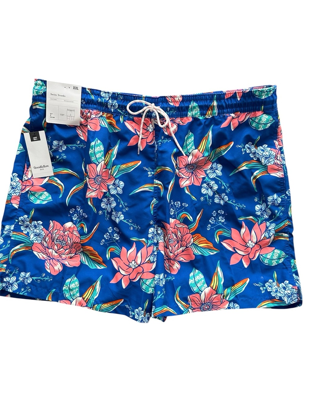 NWT Goodfellow & Co Blue Coral Tropical Print Swim Trunks 7” Inseam UPF Size XXL